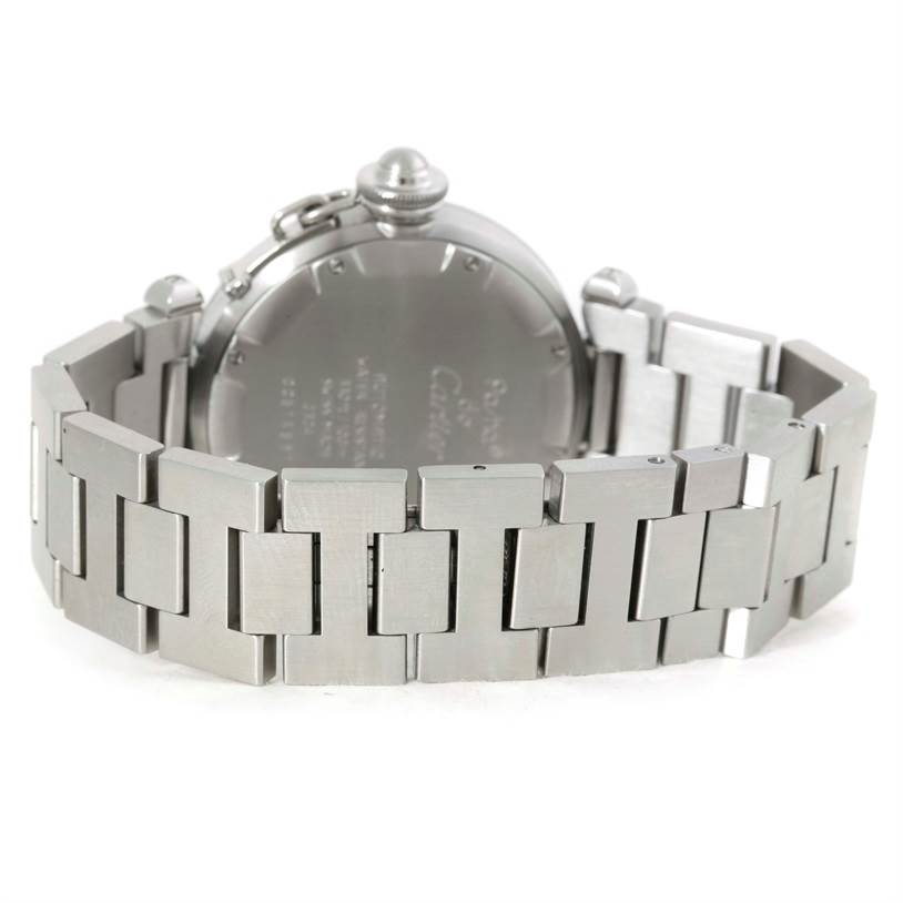 The image shows the rear view of a Cartier Pasha W31023M7 Men's Stainless Steel Grey Dial W31023M7 Men's Stainless Steel Grey Dial watch, highlighting the metal bracelet and case back.