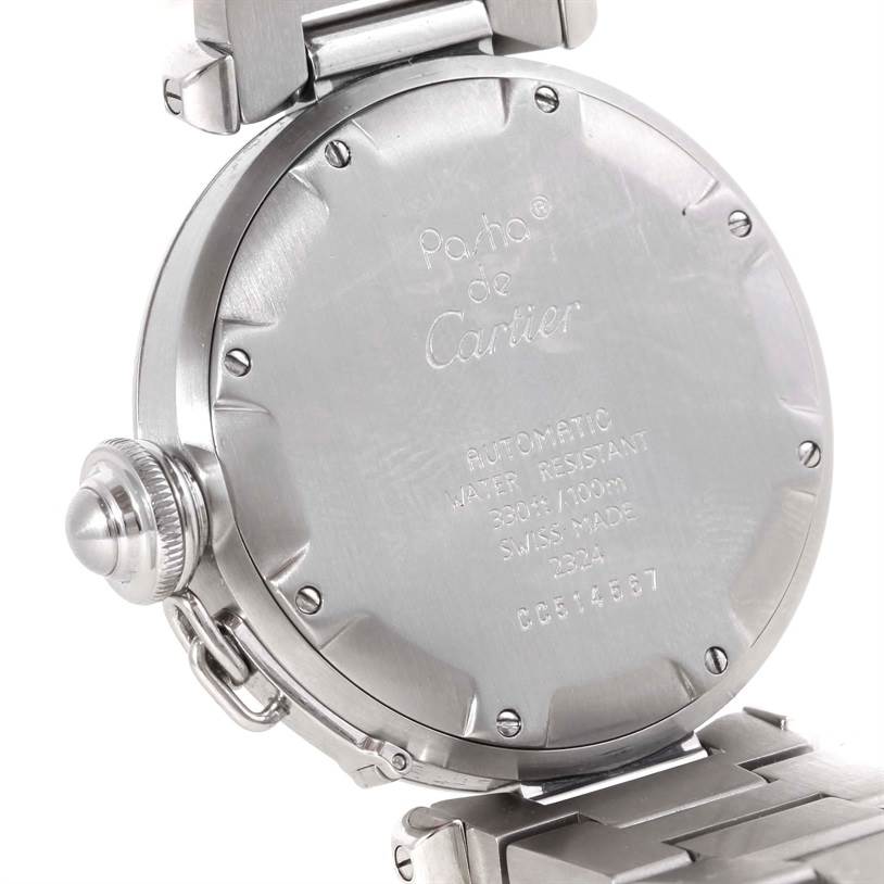 This image shows the back and side view of a Cartier Pasha W31023M7 Men's Stainless Steel Grey Dial W31023M7 Men's Stainless Steel Grey Dial watch, highlighting the case back and crown.