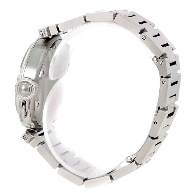 This image shows the side view of the Cartier Pasha W31023M7 Men's Stainless Steel Grey Dial W31023M7 Men's Stainless Steel Grey Dial watch, highlighting the stainless steel bracelet and crown.