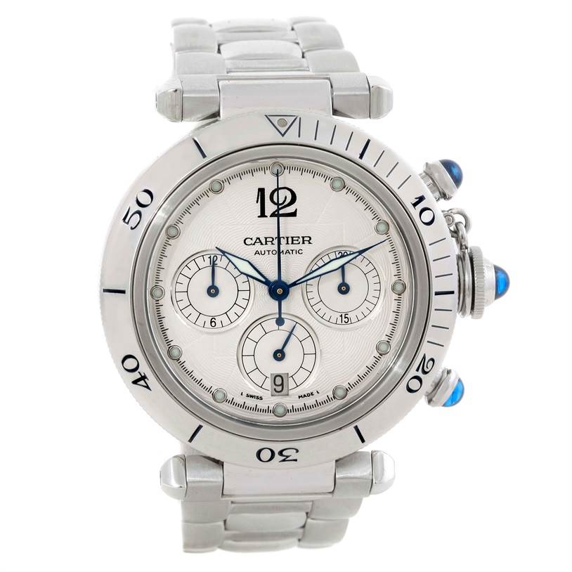 The image shows a front view of the Cartier Pasha W31030H3 Men
s Stainless Steel Silver Dial W31030H3 Men
s Stainless Steel Silver Dial watch, displaying its dial, bezel, and bracelet.