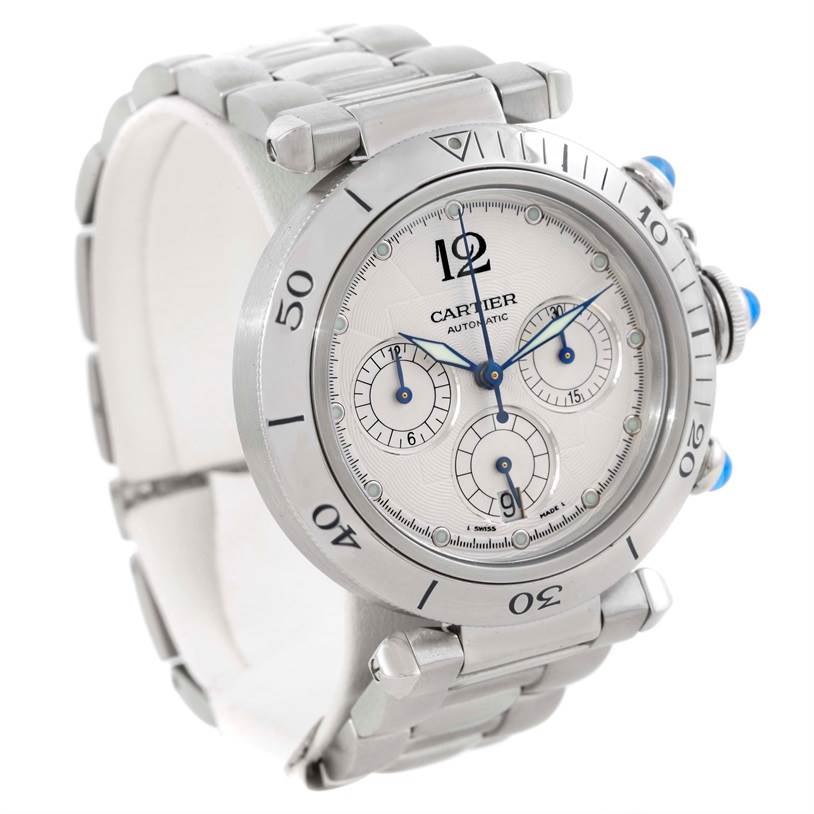 The image shows a Cartier Pasha W31030H3 Men
s Stainless Steel Silver Dial W31030H3 Men
s Stainless Steel Silver Dial model watch at a three-quarter angle, highlighting the face, bezel, and part of the bracelet.