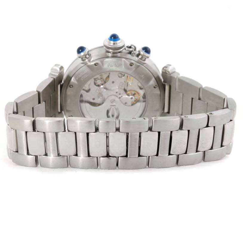 The image shows the back view of a Cartier Pasha W31030H3 Men
s Stainless Steel Silver Dial W31030H3 Men
s Stainless Steel Silver Dial watch, including its metal bracelet and the transparent case back revealing the movement.