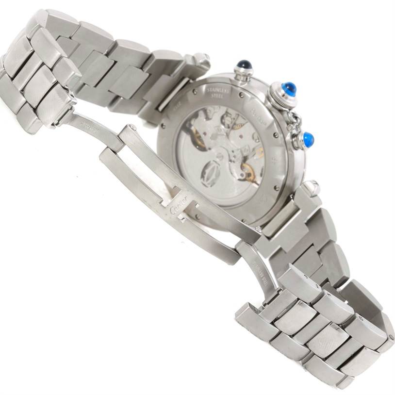 The image shows the back and bracelet of a Cartier Pasha W31030H3 Men
s Stainless Steel Silver Dial W31030H3 Men
s Stainless Steel Silver Dial watch, highlighting the open clasp and visible internal mechanism.