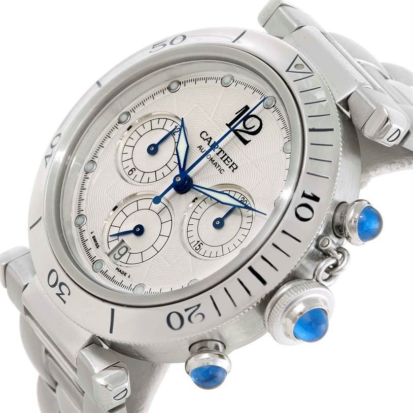 The image shows a side angle of the Cartier Pasha W31030H3 Men
s Stainless Steel Silver Dial W31030H3 Men
s Stainless Steel Silver Dial watch, highlighting the face, bezel, and crown with blue accents.