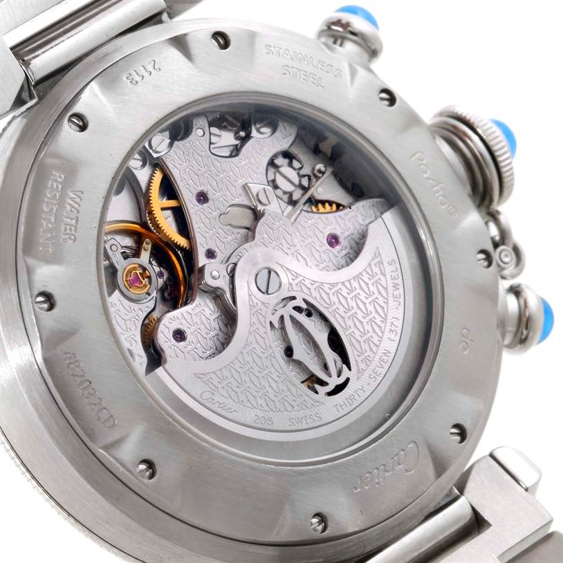 This image shows the back and inner mechanical parts of a Cartier Pasha W31030H3 Men
s Stainless Steel Silver Dial W31030H3 Men
s Stainless Steel Silver Dial watch from a close-up angle.