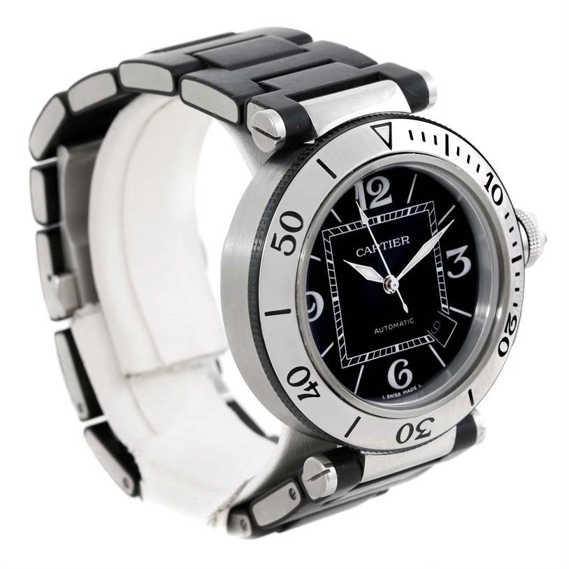 This image shows a side angle of the Cartier Pasha W31077U2 Men's Stainless Steel Black Dial W31077U2 Men's Stainless Steel Black Dial watch, displaying the bezel, dial, and part of the bracelet.