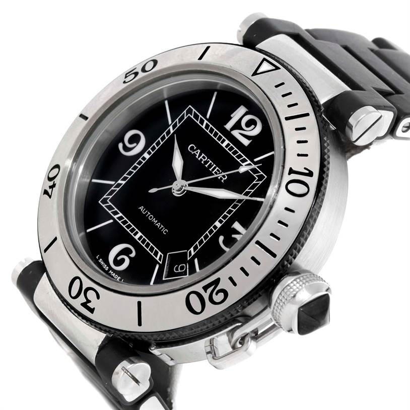 The image shows a close-up angle of the Cartier Pasha W31077U2 Men's Stainless Steel Black Dial W31077U2 Men's Stainless Steel Black Dial model watch, highlighting the bezel, dial, and crown.