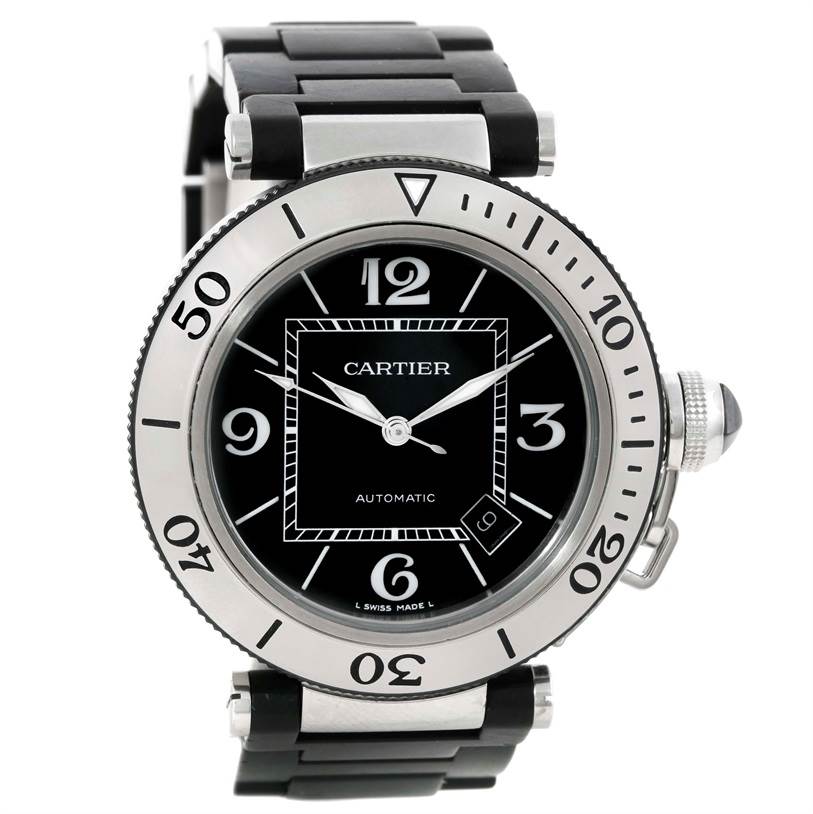 The Cartier Pasha W31077U2 Men's Stainless Steel Black Dial W31077U2 Men's Stainless Steel Black Dial watch is shown from the front, highlighting the face, bezel, and part of the strap.