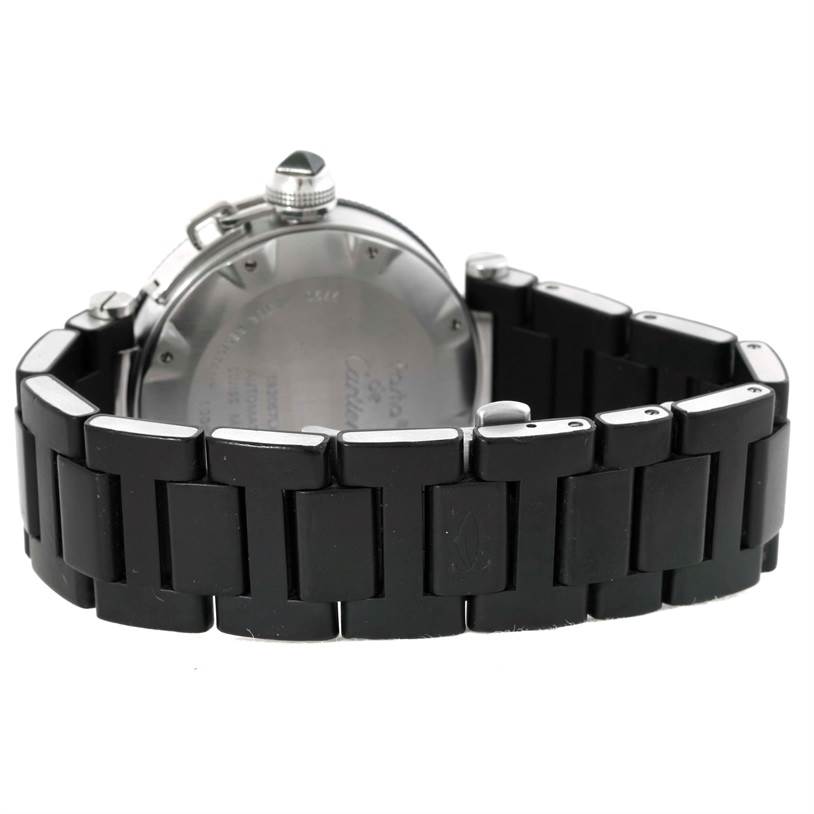This image shows the back case and bracelet of a Cartier Pasha W31077U2 Men's Stainless Steel Black Dial W31077U2 Men's Stainless Steel Black Dial watch, viewed from an angle that highlights the clasp and black links.