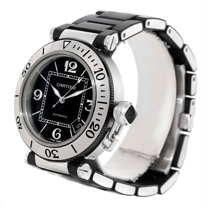 The image shows a Cartier Pasha W31077U2 Men's Stainless Steel Black Dial W31077U2 Men's Stainless Steel Black Dial watch angled from the front-right, featuring the bezel, dial, crown, and bracelet.