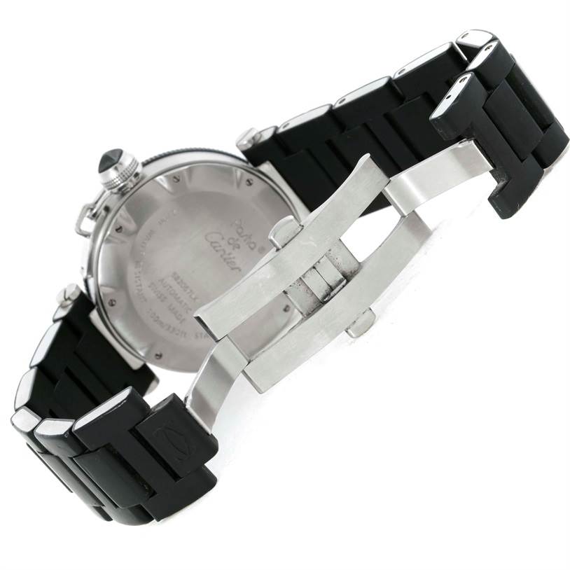 The image shows the back and clasp of a Cartier Pasha W31077U2 Men's Stainless Steel Black Dial W31077U2 Men's Stainless Steel Black Dial watch, highlighting the black strap and metal buckle.