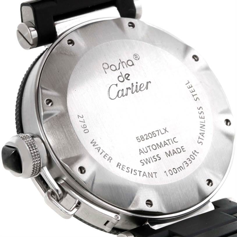 This image shows the back case of the Cartier Pasha W31077U2 Men's Stainless Steel Black Dial W31077U2 Men's Stainless Steel Black Dial watch, highlighting the brand name, model, and specifications.