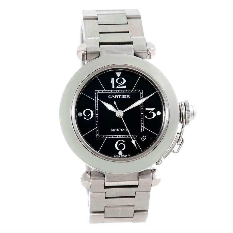 The image shows a frontal view of the Cartier Pasha W31076M7 Women's Stainless Steel Black Dial W31076M7 Women's Stainless Steel Black Dial watch, highlighting its dial, hands, bezel, bracelet, and crown.