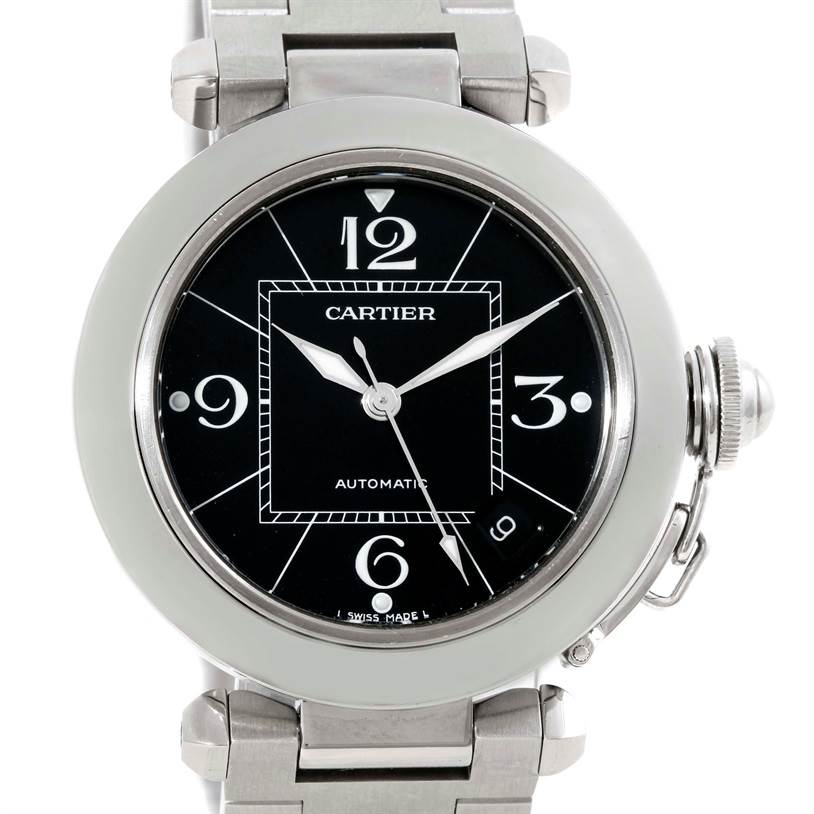 This image shows a Cartier Pasha W31076M7 Women's Stainless Steel Black Dial W31076M7 Women's Stainless Steel Black Dial watch, featuring a close-up of the face and part of the bracelet.