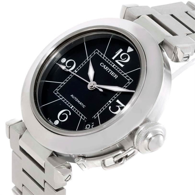 The image shows a close-up angle of a Cartier Pasha W31076M7 Women's Stainless Steel Black Dial W31076M7 Women's Stainless Steel Black Dial watch, focused on the dial, crown, and part of the bracelet.