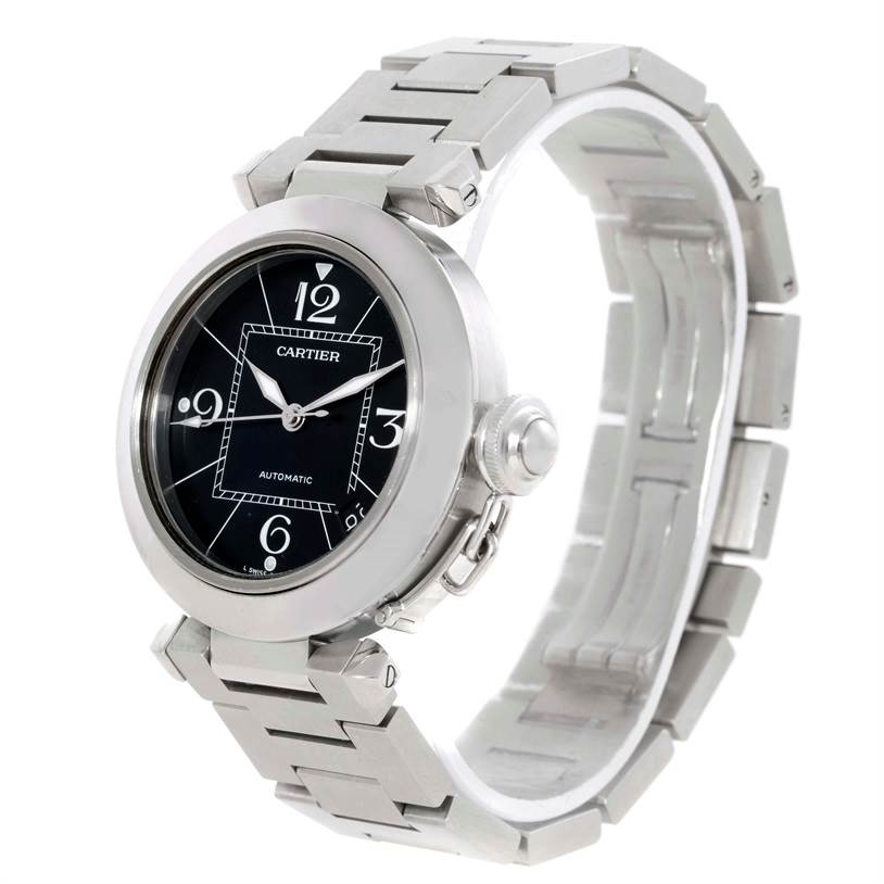 The image shows a Cartier Pasha W31076M7 Women's Stainless Steel Black Dial W31076M7 Women's Stainless Steel Black Dial watch at a 3/4 angle, highlighting the dial, bezel, crown, and part of the bracelet.