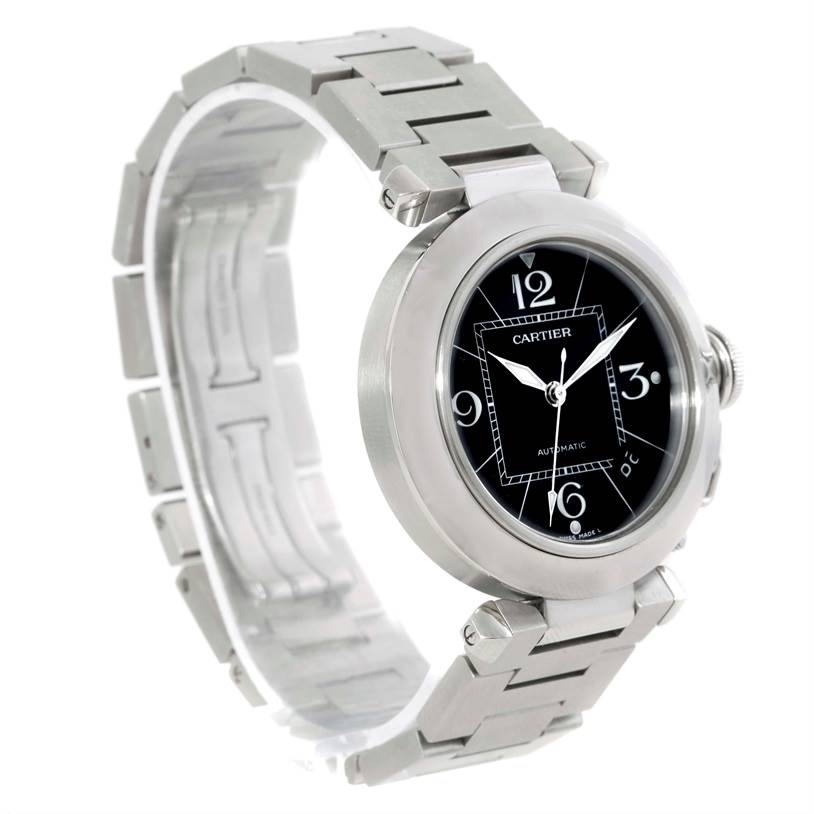 The Cartier Pasha W31076M7 Women's Stainless Steel Black Dial W31076M7 Women's Stainless Steel Black Dial watch is shown at an angle displaying its black dial, stainless steel case, and bracelet.