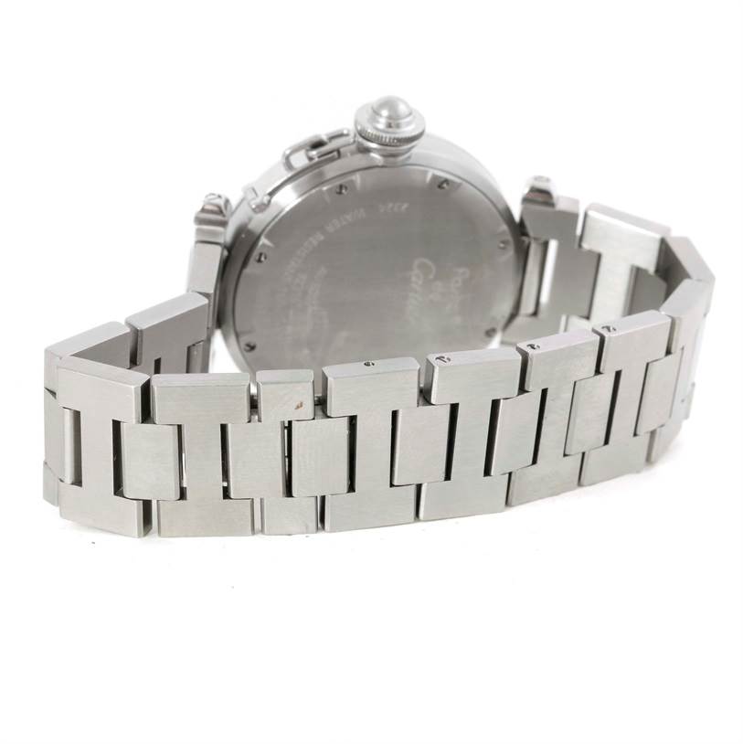 The image shows the back and bracelet of a Cartier Pasha W31076M7 Women's Stainless Steel Black Dial W31076M7 Women's Stainless Steel Black Dial watch from a rear angle.