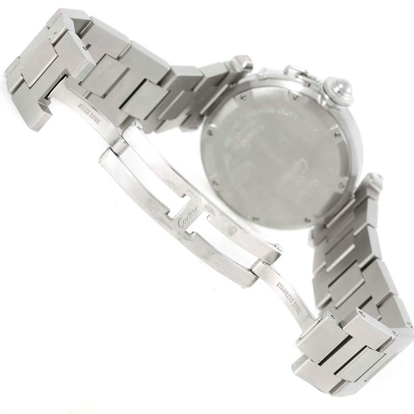 The image shows the back case and stainless steel bracelet of the Cartier Pasha W31076M7 Women's Stainless Steel Black Dial W31076M7 Women's Stainless Steel Black Dial watch at an angle.