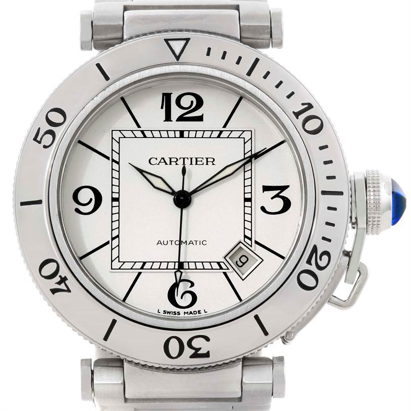The image shows a front view of a Cartier Pasha W31080M7 Men
s Stainless Steel Silver Dial W31080M7 Men
s Stainless Steel Silver Dial watch, detailing the face, numerals, hands, date window, and crown.