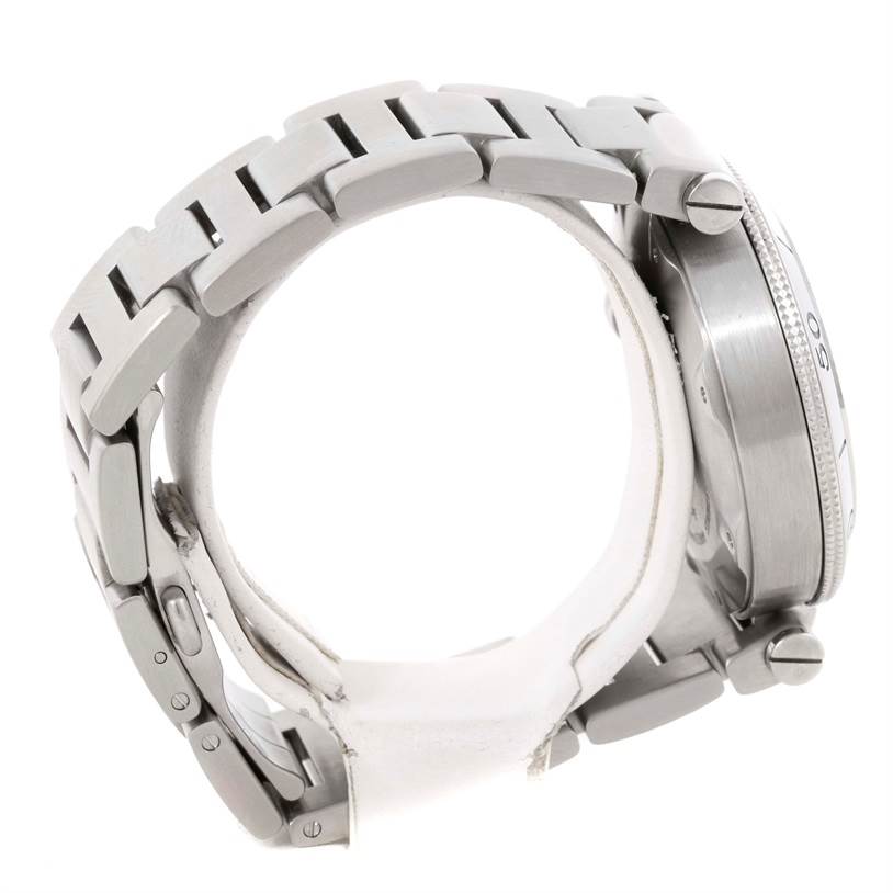This image shows a side view of the Cartier Pasha W31080M7 Men
s Stainless Steel Silver Dial W31080M7 Men
s Stainless Steel Silver Dial watch, highlighting the metal bracelet, case, and crown.