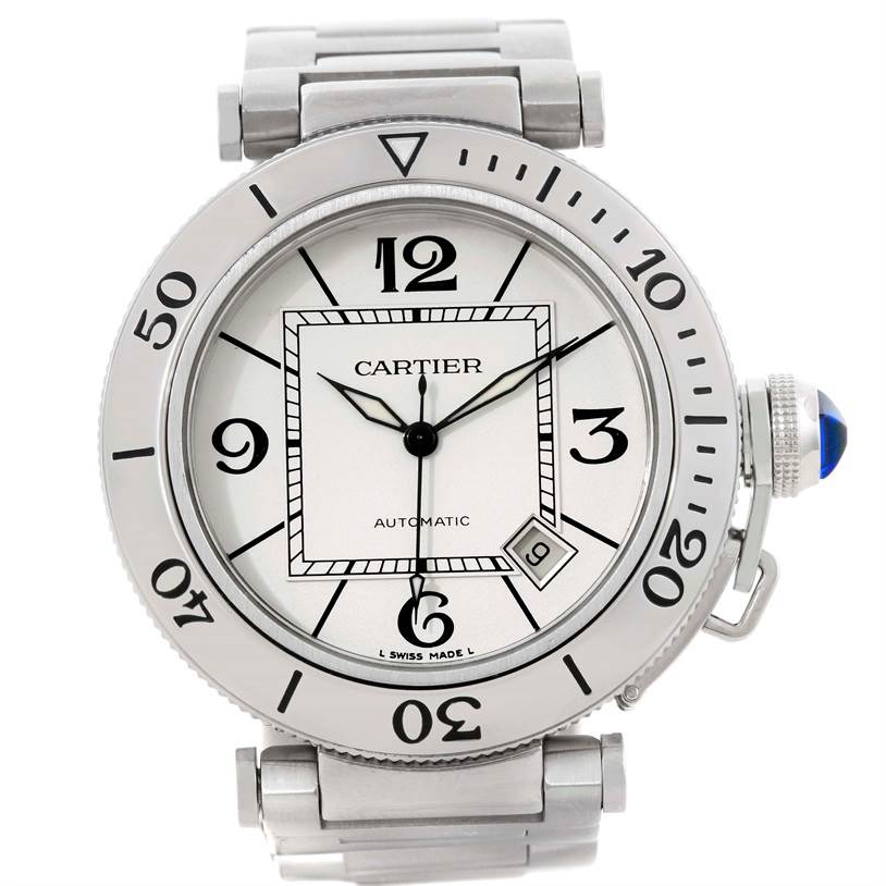 The image shows a front view of a Cartier Pasha W31080M7 Men
s Stainless Steel Silver Dial W31080M7 Men
s Stainless Steel Silver Dial watch, highlighting its face, numerals, hands, bezel, and metal bracelet.