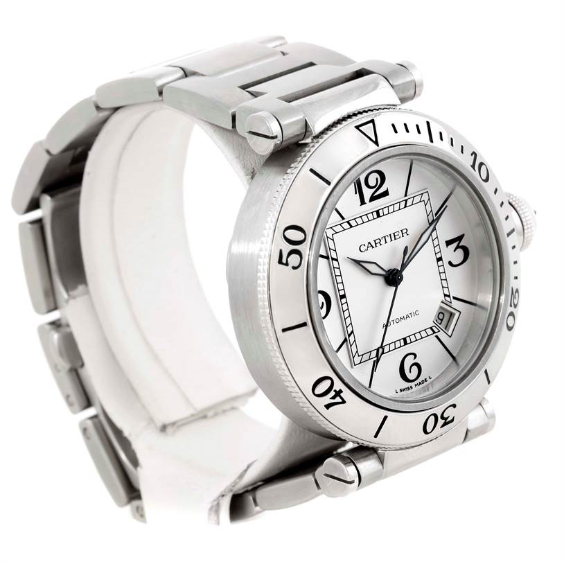 The image shows a Cartier Pasha W31080M7 Men
s Stainless Steel Silver Dial W31080M7 Men
s Stainless Steel Silver Dial model watch angled from the top left, displaying part of the band and face.