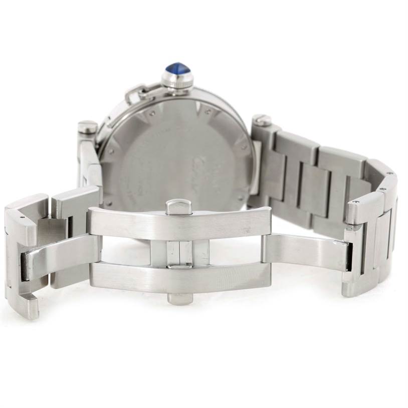 The image shows the stainless steel clasp and partially open bracelet of a Cartier Pasha W31080M7 Men
s Stainless Steel Silver Dial W31080M7 Men
s Stainless Steel Silver Dial watch, viewed from the back.