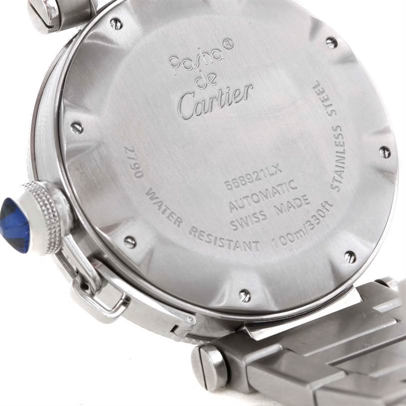 The image shows the back case and part of the bracelet of a Cartier Pasha W31080M7 Men
s Stainless Steel Silver Dial W31080M7 Men
s Stainless Steel Silver Dial model watch, viewed from an angle.