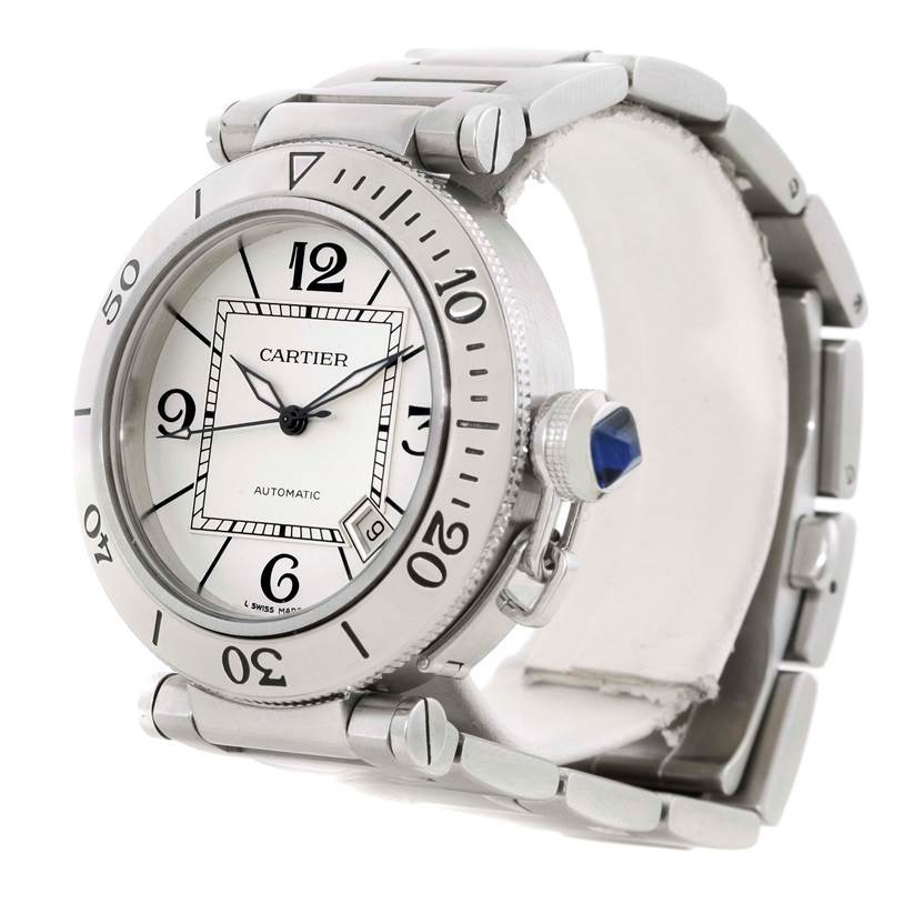 This image shows a Cartier Pasha W31080M7 Men
s Stainless Steel Silver Dial W31080M7 Men
s Stainless Steel Silver Dial watch at a slight right-side angle, highlighting the face, bezel, crown, and metal bracelet.