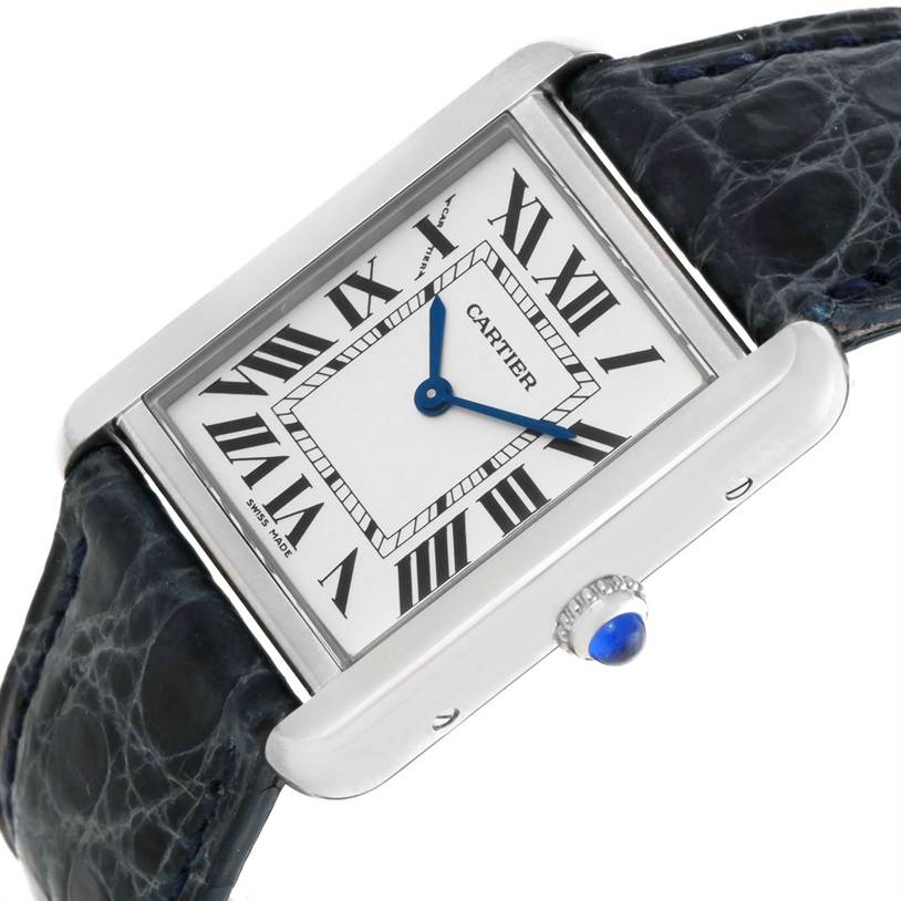 The image shows a close-up view of the Cartier Tank Solo W1018255 Women's Stainless Steel Silver Dial W1018255 Women's Stainless Steel Silver Dial watch face, straps, and crown at an oblique angle.