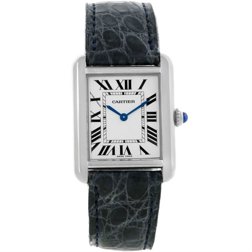 The image shows a frontal view of a Cartier Tank Solo W1018255 Women's Stainless Steel Silver Dial W1018255 Women's Stainless Steel Silver Dial watch, highlighting the face, Roman numerals, and strap.