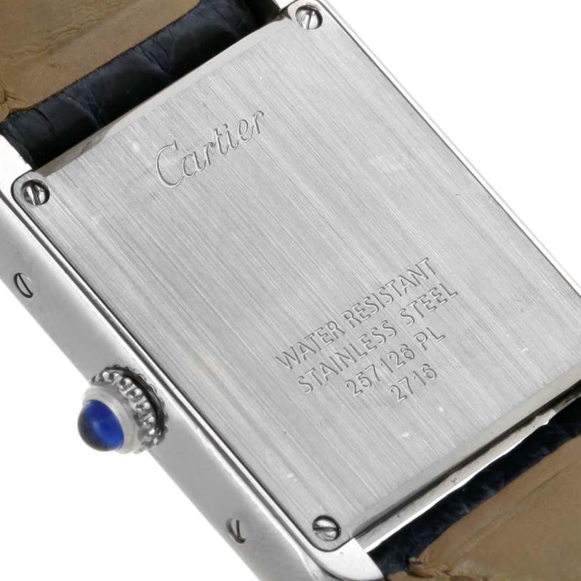 This image shows the back case and crown of the Cartier Tank Solo W1018255 Women's Stainless Steel Silver Dial W1018255 Women's Stainless Steel Silver Dial watch, highlighting its water resistance and stainless steel material.