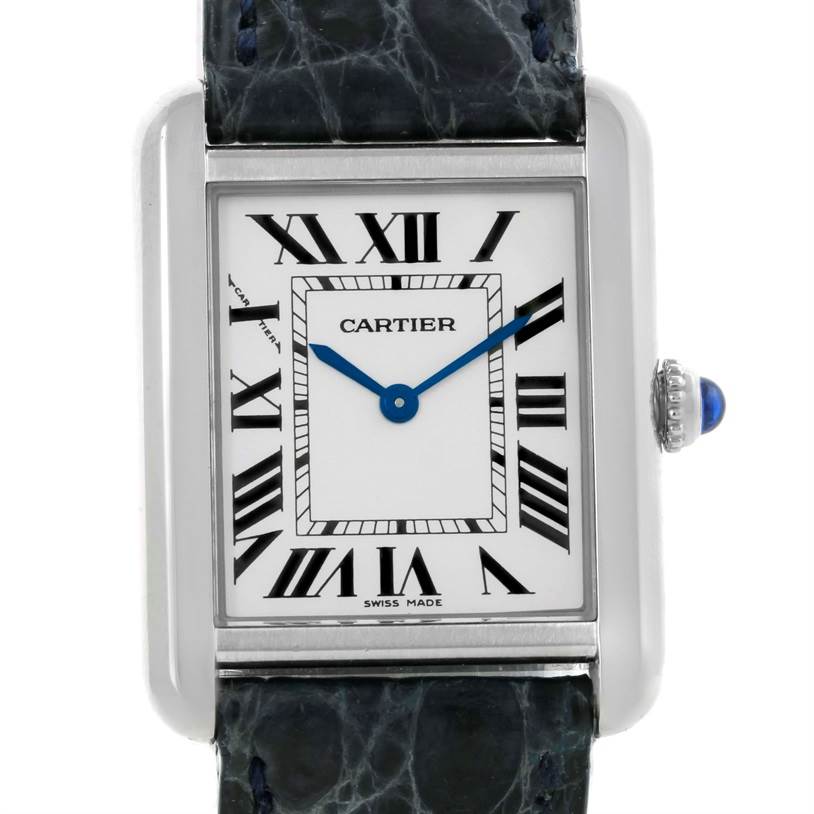 The image shows a front view of the Cartier Tank Solo W1018255 Women's Stainless Steel Silver Dial W1018255 Women's Stainless Steel Silver Dial watch face and part of the strap.