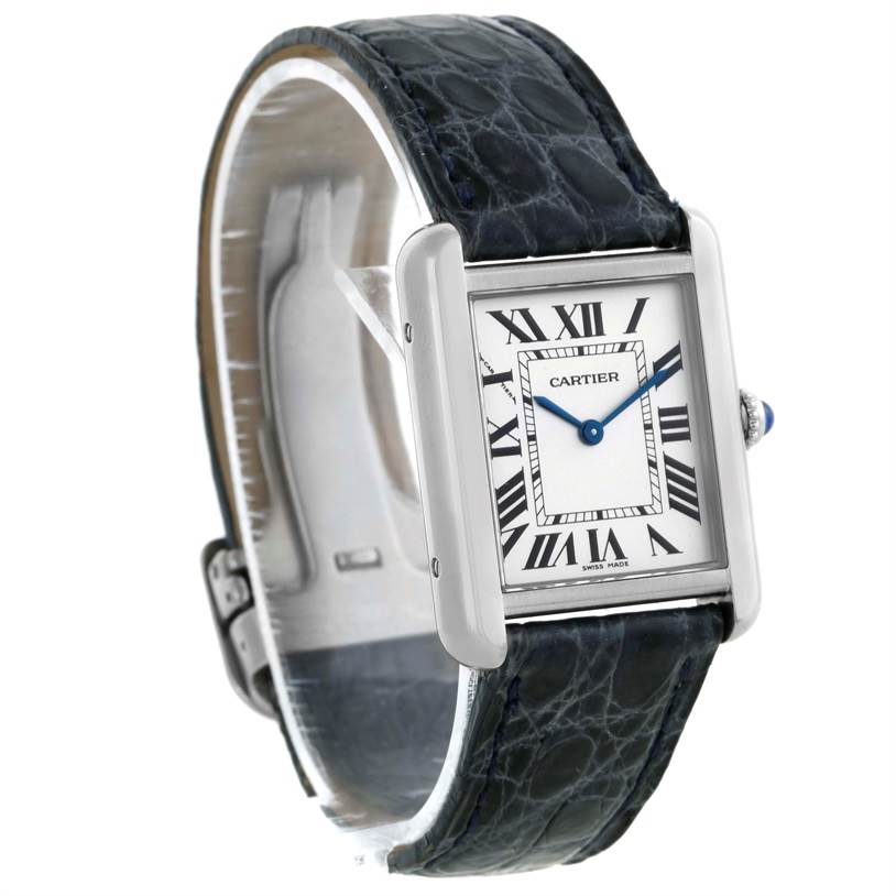 This image shows a Cartier Tank Solo W1018255 Women's Stainless Steel Silver Dial W1018255 Women's Stainless Steel Silver Dial watch at a slight angle, highlighting its face, casing, and strap.