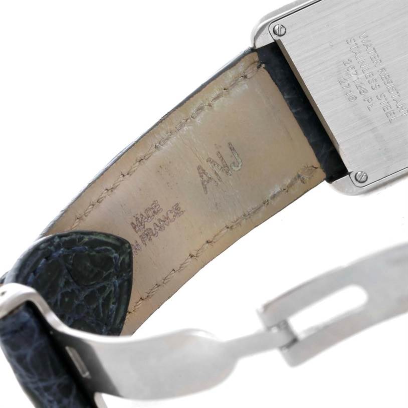 The image shows a close-up angle of the Cartier Tank Solo W1018255 Women's Stainless Steel Silver Dial W1018255 Women's Stainless Steel Silver Dial watch, focusing on the back case and inner leather strap.