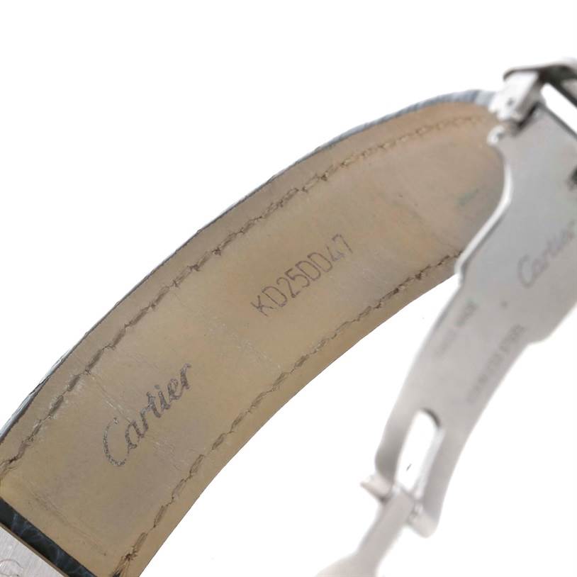 This image shows the underside of the leather strap and clasp of a Cartier Tank Solo W1018255 Women's Stainless Steel Silver Dial W1018255 Women's Stainless Steel Silver Dial model watch.