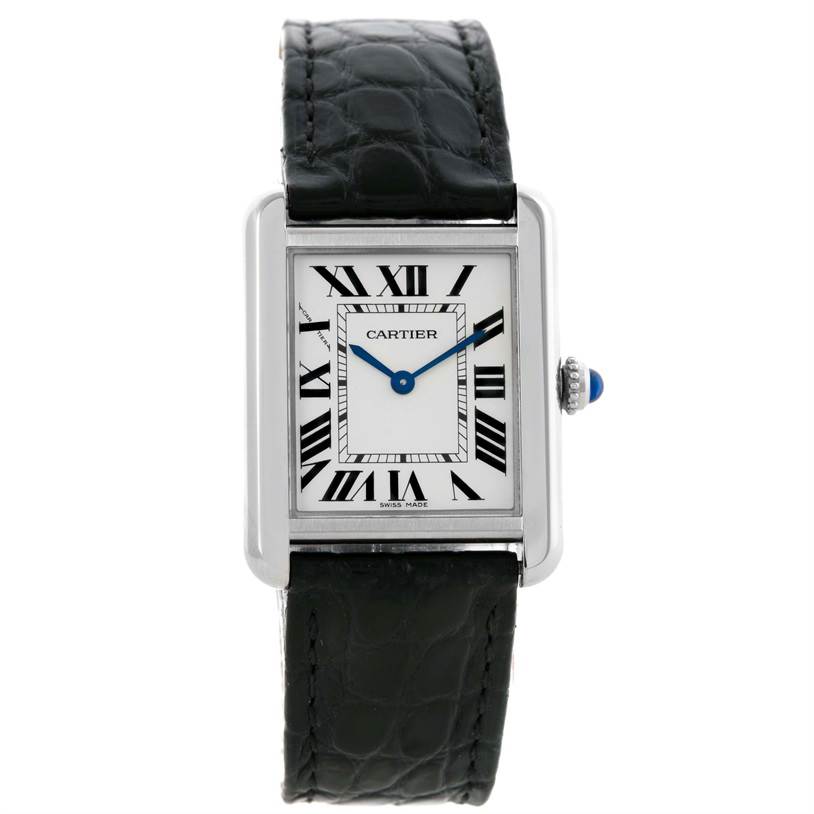 This image shows a front view of a Cartier Tank Solo W1018255 Women's Stainless Steel Silver Dial W1018255 Women's Stainless Steel Silver Dial watch, displaying its dial, hands, case, and leather strap.