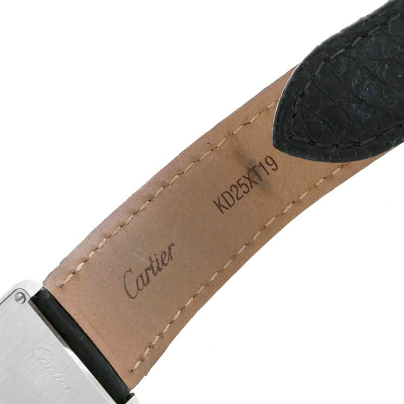 The image shows a close-up of the strap and part of the back case of a Cartier Tank Solo W1018255 Women's Stainless Steel Silver Dial W1018255 Women's Stainless Steel Silver Dial watch.