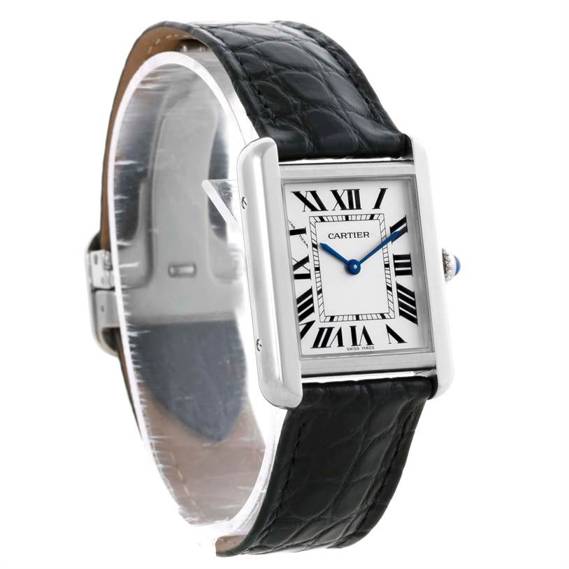 The Cartier Tank Solo W1018255 Women's Stainless Steel Silver Dial W1018255 Women's Stainless Steel Silver Dial watch is shown at a slight angle, displaying the face, bezel, and black leather strap.