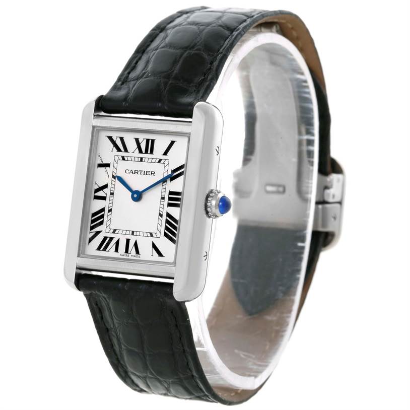 The image shows a Cartier Tank Solo W1018255 Women's Stainless Steel Silver Dial W1018255 Women's Stainless Steel Silver Dial watch from an angled front view, highlighting the dial, case, and strap.
