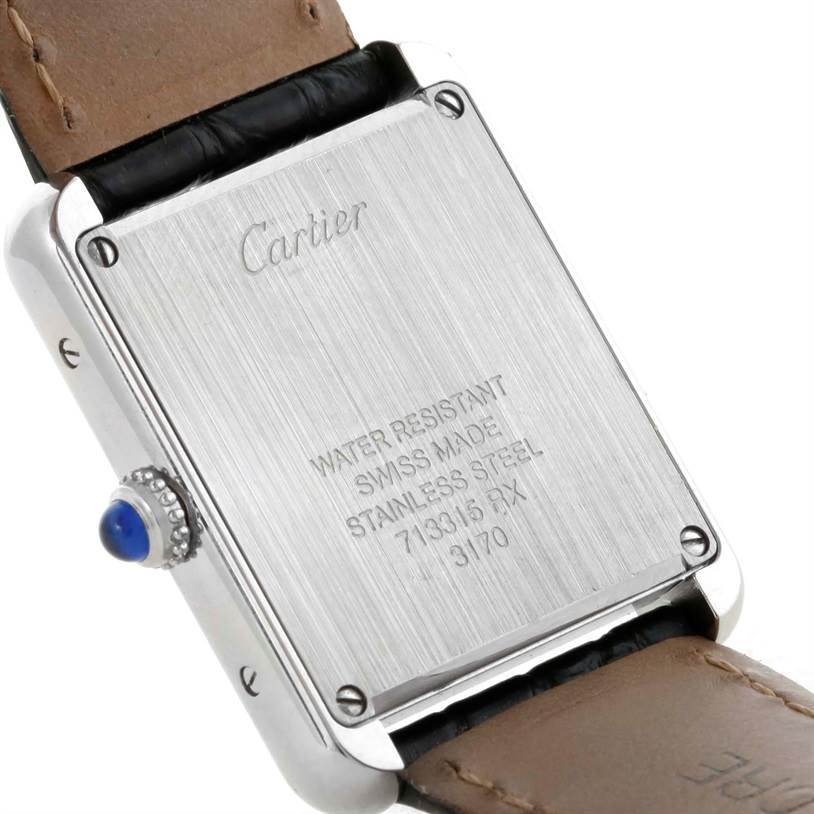 The image shows the back case and part of the strap of the Cartier Tank Solo W1018255 Women's Stainless Steel Silver Dial W1018255 Women's Stainless Steel Silver Dial watch.