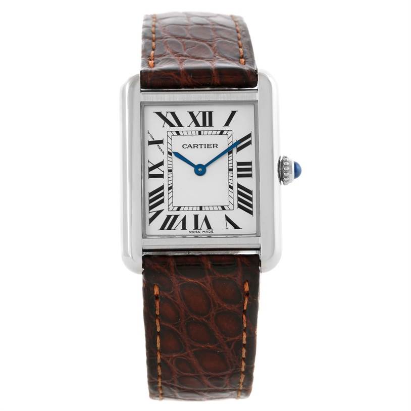 This image shows a front view of the Cartier Tank Solo W1018255 Women's Stainless Steel Silver Dial W1018255 Women's Stainless Steel Silver Dial watch, including its face, bezel, and brown leather strap.