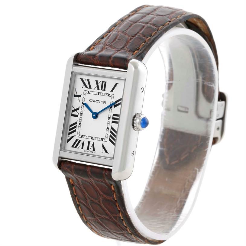 The image shows a Cartier Tank Solo W1018255 Women's Stainless Steel Silver Dial W1018255 Women's Stainless Steel Silver Dial watch at an angled view, displaying its face, strap, and crown.