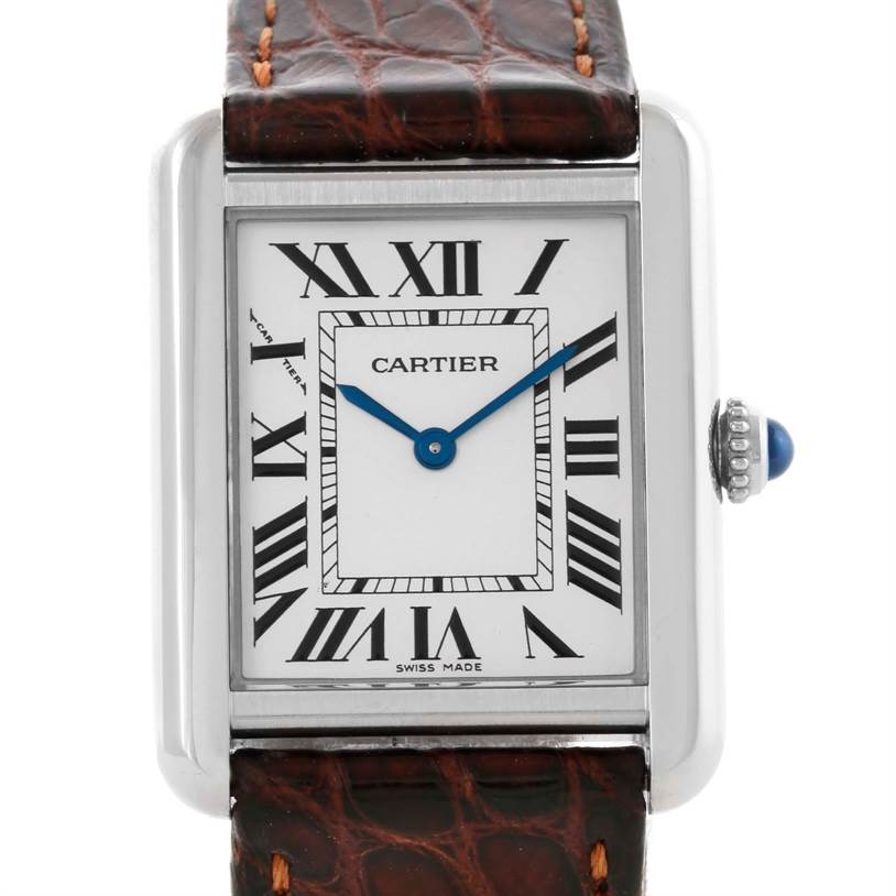 The image shows a front view of a Cartier Tank Solo W1018255 Women's Stainless Steel Silver Dial W1018255 Women's Stainless Steel Silver Dial watch, displaying the face, hands, and part of the leather strap.