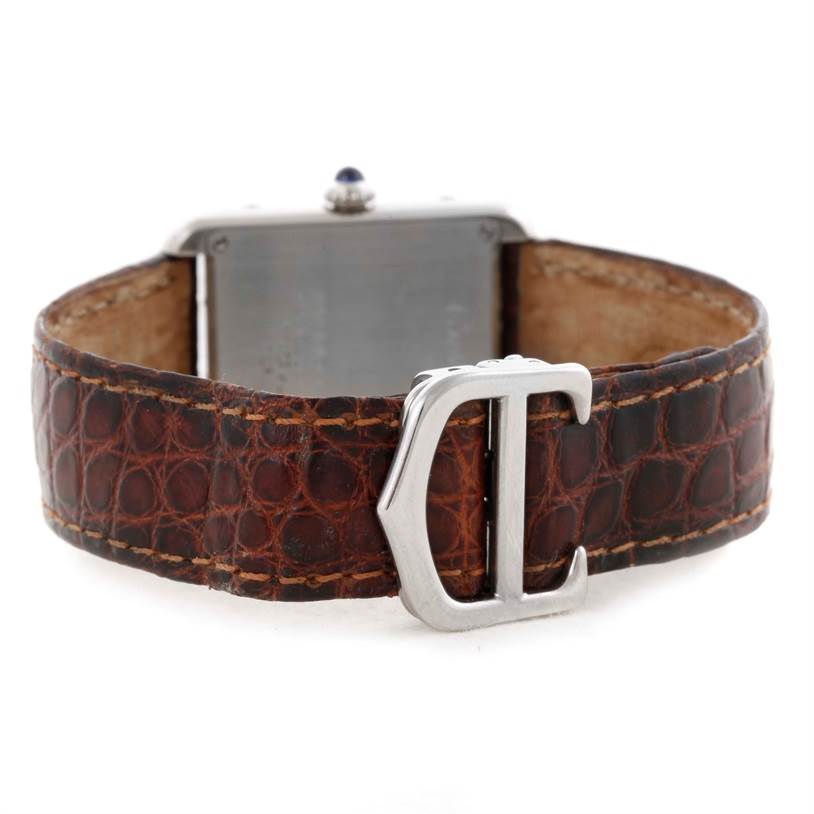 The image shows the back of the Cartier Tank Solo W1018255 Women's Stainless Steel Silver Dial W1018255 Women's Stainless Steel Silver Dial watch, highlighting the leather strap and buckle.