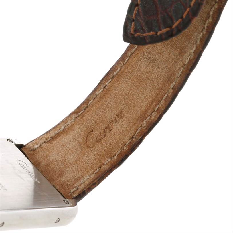 The image shows a close-up of the strap and back of a Cartier Tank Solo W1018255 Women's Stainless Steel Silver Dial W1018255 Women's Stainless Steel Silver Dial watch.