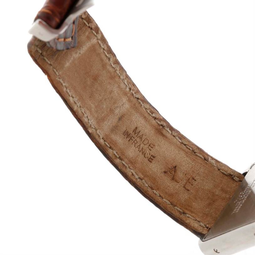 The image shows the underside of the leather strap of the Cartier Tank Solo W1018255 Women's Stainless Steel Silver Dial W1018255 Women's Stainless Steel Silver Dial watch, revealing stitching and the inscription "Made in France."