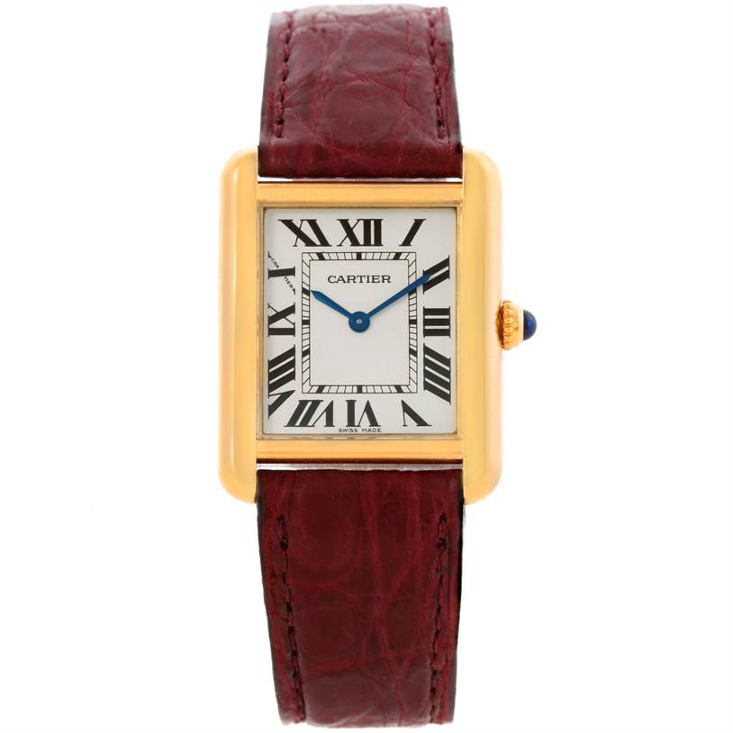 The image shows a Cartier Tank Solo W1018755 Women's Steel and Gold (two tone) Silver Dial W1018755 Women's Steel and Gold (two tone) Silver Dial watch from a front view, highlighting its rectangular face, Roman numerals, and red leather strap.