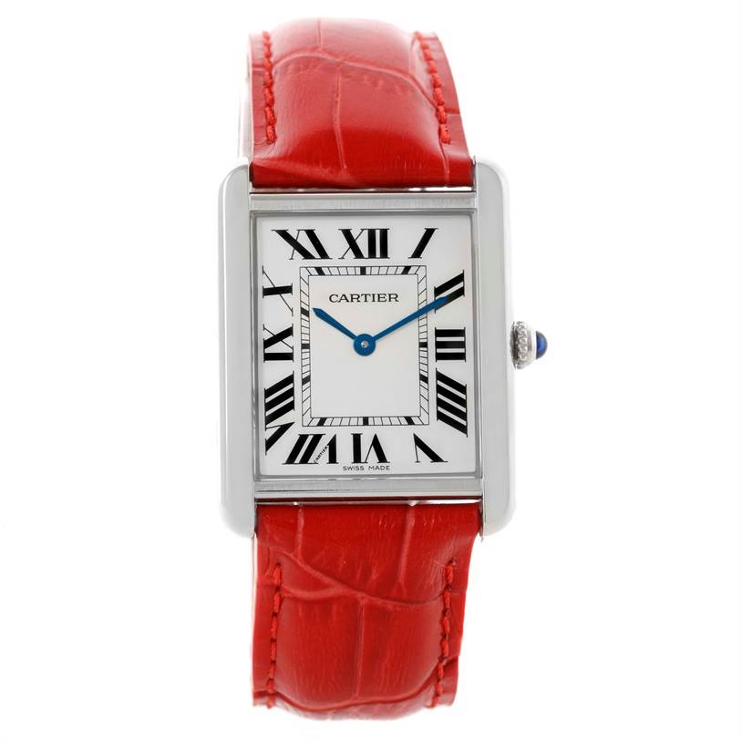 This image shows a Cartier Tank Solo W1018355 Women's Stainless Steel Silver Dial W1018355 Women's Stainless Steel Silver Dial watch from a front angle, highlighting the rectangular face with Roman numerals and a red leather strap.